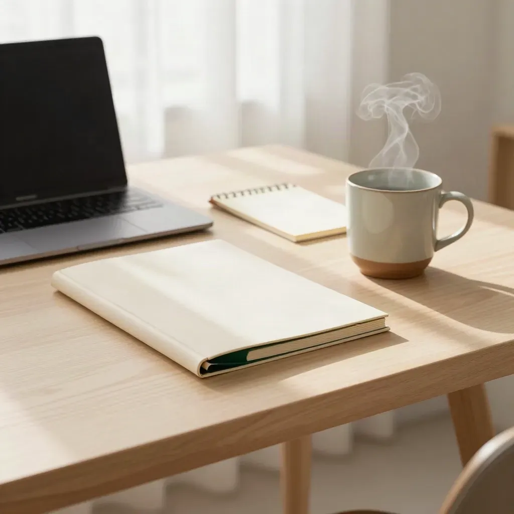 Closed laptop, finance folio, memo pad and steaming cup on a pale wood desk.