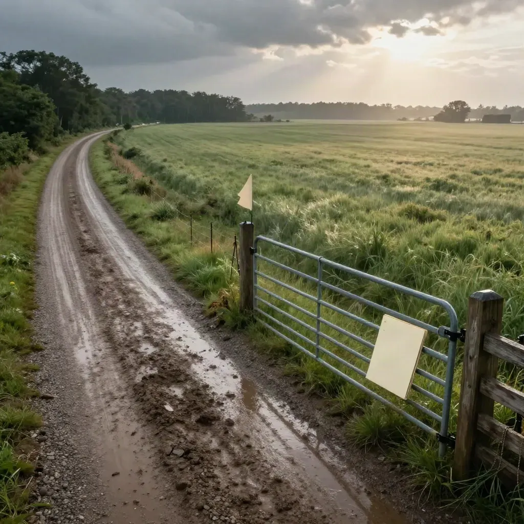 Storm-wet rural land parcel with gate, survey stakes, closing folder, and diagonal gravel road.