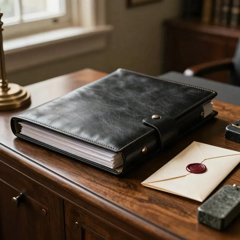Closed land deal folder, file sleeves, sealed envelope and stone paperweight in warm office light.