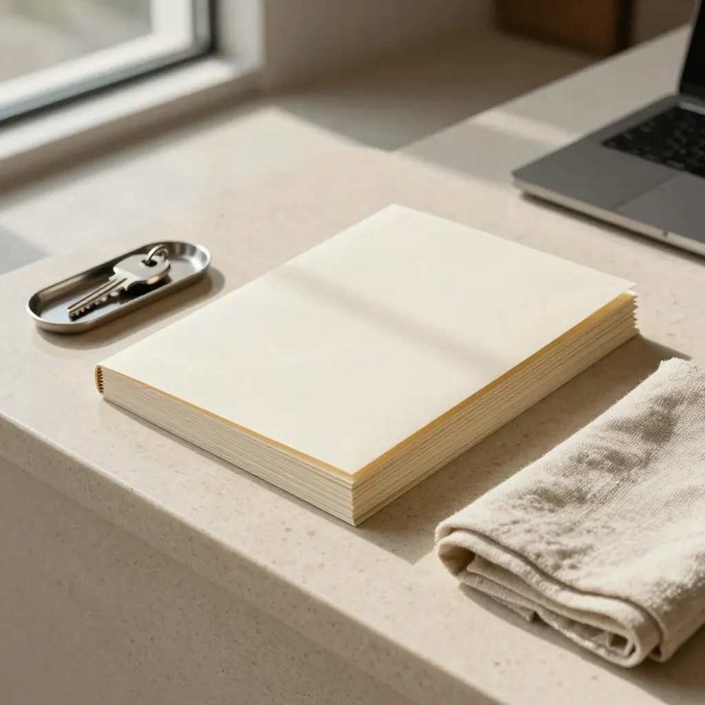 Top-down land closing table with sealed envelopes, folder, key tray and linen by window light.