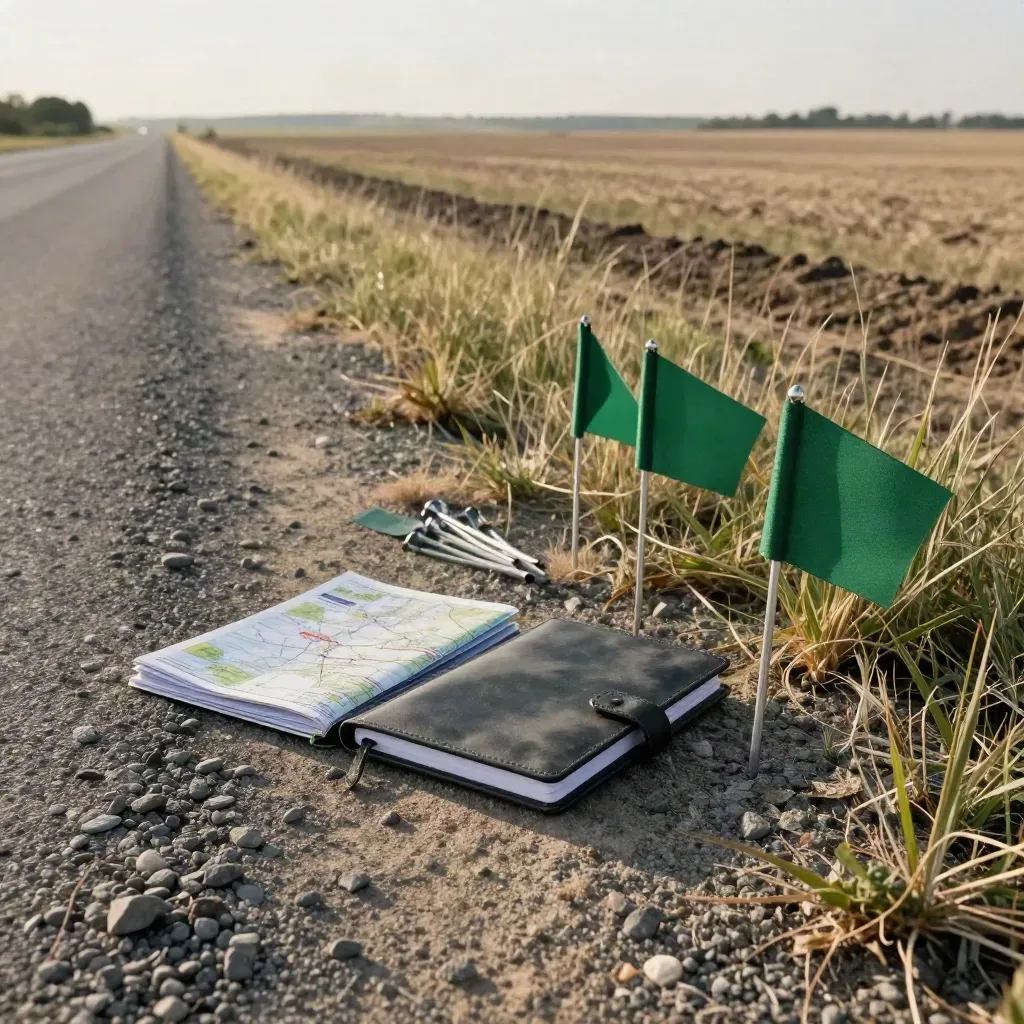 Roadside land parcel scene with site notebook, map sleeve, flags and dusty acreage.