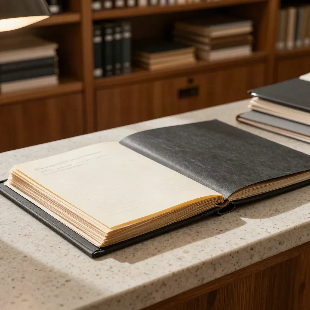 Closed binder with county record sleeves on a travertine counter, softly lit archive review scene