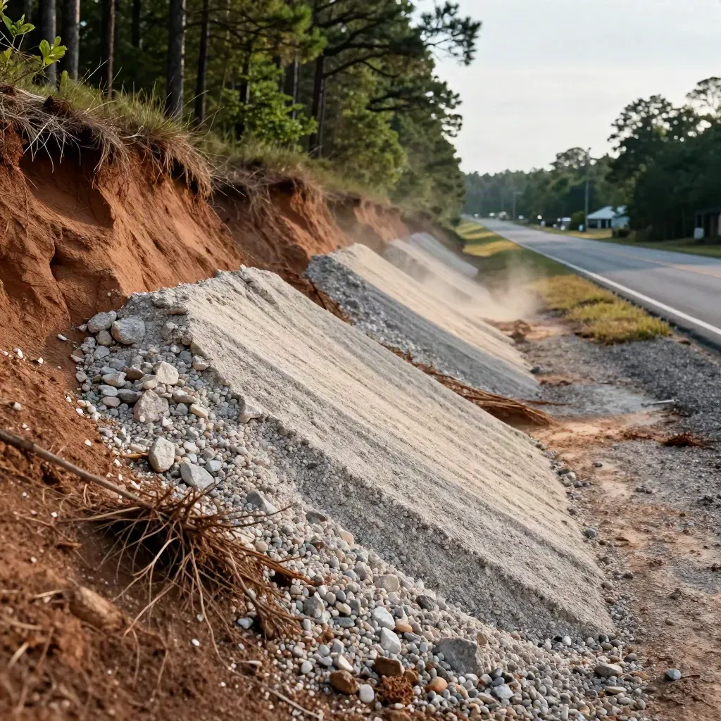 Georgia roadside parcel with red clay grading, gravel dust, and mixed trees in late-day light.