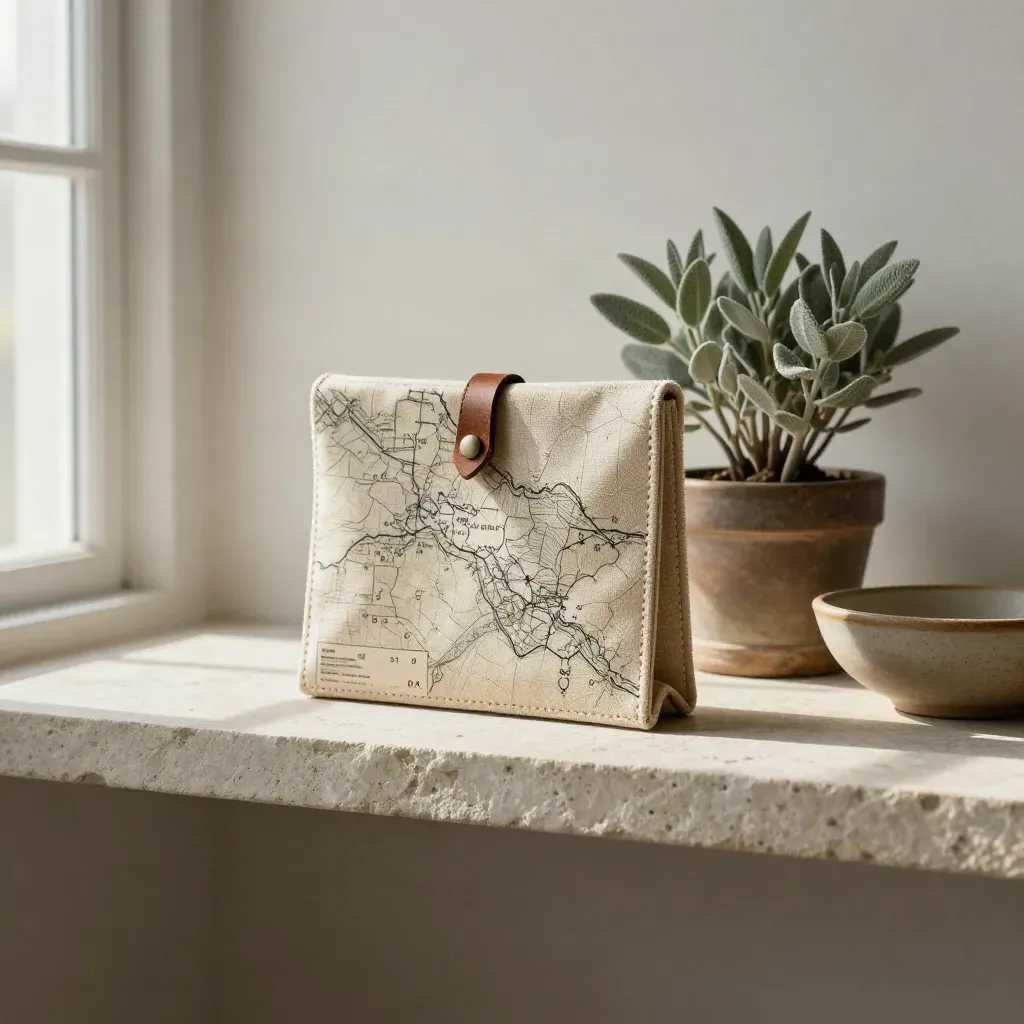 Canvas map case, ceramic bowl and small plant on a stone shelf in soft daylight.